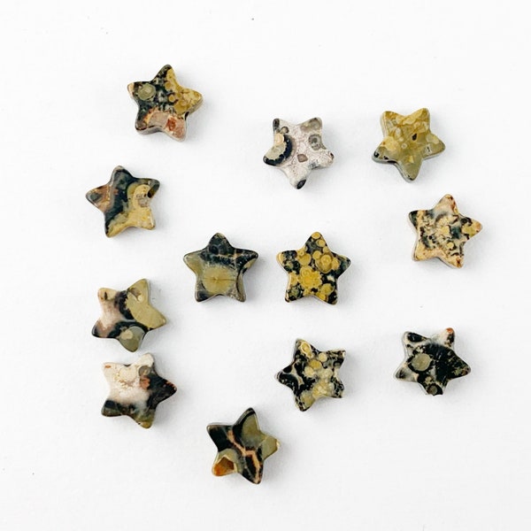 Leopard Jasper Star Beads 6mm, Poppy Jasper Star Beads, Pink and Black Star Beads, Small Gemstone Star Bead, Center Drilled, 12 Piece