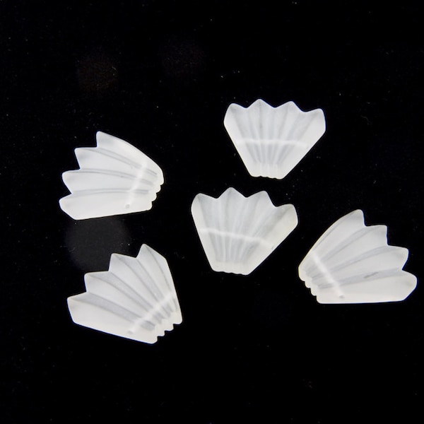 Art Deco Frosted Rock Crystal 23mm Clear White Carved Fan Beads (21x23mm), Side Drilled