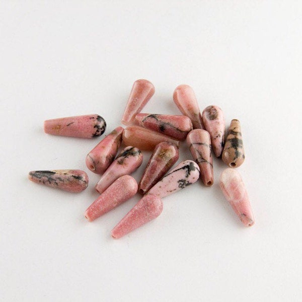 Pink Rhodonite Drop Beads, Rhodonite Smooth Teardrop Beads, Pink and Black Rhodonite Smooth Briolette Beads, 16mm,  Full Drilled, 4 Pieces