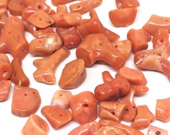 Raw Salmon Coral Branches, Vintage Raw Salmon Coral 3-12mm Full Branch and Nugget Beads, Full Drilled, 10 Pieces