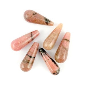 Pink Rhodonite Teardrop Beads, 20mm, Large Rhodonite Smooth Drop Beads, Pink and Black Rhodonite Smooth Briolettes, Full Drilled, 2 Pieces