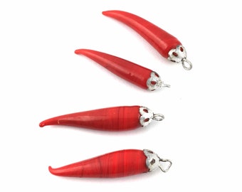 Vintage Glass Red Chili Pepper Silver Capped  Charms Beads Drops Pendants 30mm, Vegetable Beads, 4 Pieces