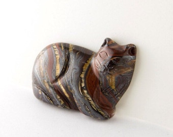 Large Tiger Iron Cat Cabochon, Striped Tabby Cat Cabochon, Tiger Eye and Tiger Iron Banded Tabby Cat, Antique Gemstone Cat Carving, 41mm