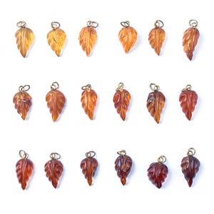 May include: A collection of 18 amber leaf pendants with gold-tone metal bail. The pendants are carved in the shape of a leaf and have a natural amber color.