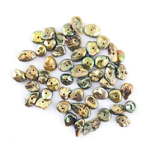 Green Keshi Tiny Pearls, Center Drilled, 4-8mm, High Luster, 1.5 inches or 25 pieces, Natural Freshwater Keshi Flat Pearl, Gold Green Pearls