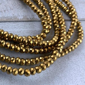 Faceted Golden Hematite Bead Strand, 4mm Faceted Hematite Rondelle Beads, Gold Beads, Gold Coated Hematite, 4x3mm Beads, 1 Strand, 15&quot; inch