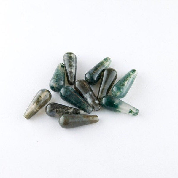 Green Moss Agate Teardrop Beads, 16mm, Full Drilled, 4 Pieces