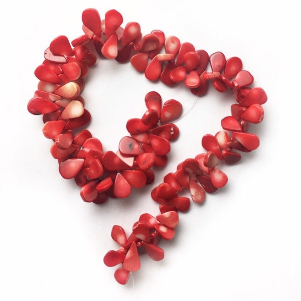 Red Coral Tear Drop Beads, Red Bamboo Coral Drop Beads 16x10mm Side Drilled, 12 Pieces