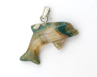 Red Moss Agate Carved Gemstone Dolphin Pendants, 28mm, 1 Piece