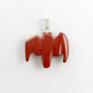 Carved Bat Red Jasper Pendant with Silver Bale, 20mm, 1 Piece, Bat Charm