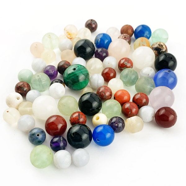 Mixed Lot of Gemstone Round Beads, Scoop of random beads, Mixed Size Assorted Color Gemstone Beads, Lot of Mala Beads, 3 Ounces