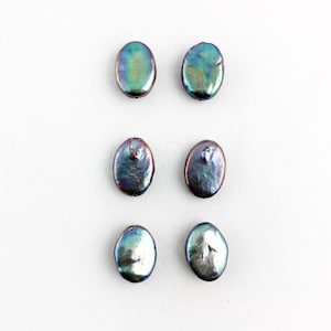 Peacock Grey Oval Coin Pearls Matching Pair, High Luster Rainbow Peacock Coin Pearls Oval Beads, Blue Coin Pearl, 13x10mm, Drilled, 2 Piece