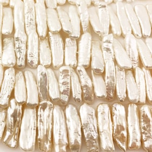 White Stick Pearl Strands, Small Sizes, Natural Biwa White Pearls, High Luster Stick Pearls, Calibrated Pearls, Side Drill, Strand of Pearls