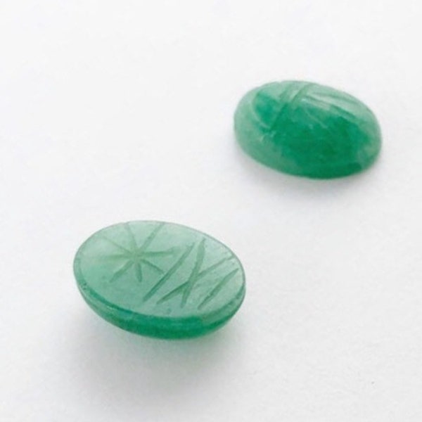 Green Aventurine Scarab, 14x10mm Scarab, Hand Carved Scarab, Gemstone Scarab, Egyptian Scarab, Oval Scarab Cabochons, Hand Etched, 2 Piece