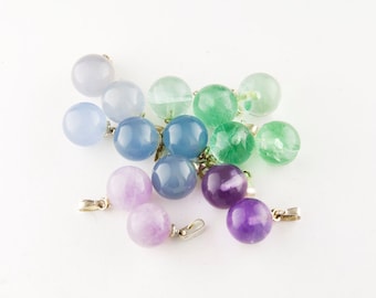Gemstone Ball Pendants Vintage, Amethyst, Blue Onyx, and Green Fluorite, Spherical, Sterling Silver, 10mm