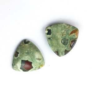 May include: Two green, brown, and red triangular shaped cabochons of ocean jasper.