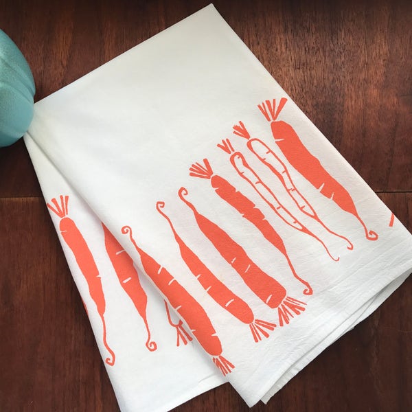hand printed towel, screen printed towel, carrots, orange, flour sack towel, eco-conscious gift, shower gift under 50, hostess gift under 50