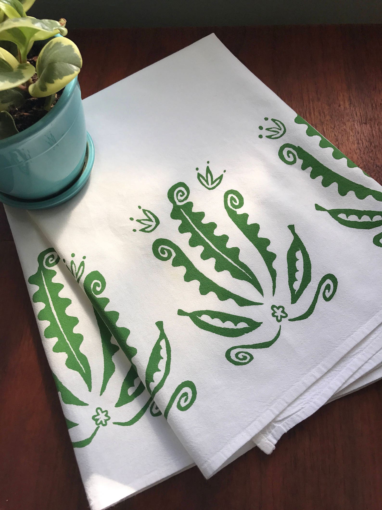 Hand Printed Flour Sack Towel Ferns Peas Green Tea Towel Etsy