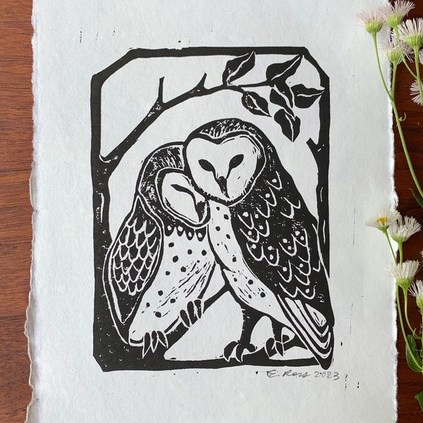 Owl Lovers, Barn Owl print, Owl block print, cottage core decor, witch aesthetic, owl print, nursery decor, woodland decor, love birds print