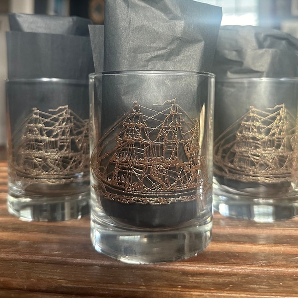 Vintage Clipper Ship Rocks Glasses - Culver Old Fashioned Glasses with Gold Embossed Sailboats - Set of 3 Lowball Regency Cocktail Glasses