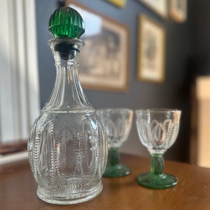 Avon Glass Decanter and Cordial Glasses - 3 Piece Vintage Set - Clear & Emerald Beaded Glass