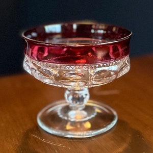 Indiana Glass Kings Crown Thumbprint Coupe Glass - Vintage Ruby Red Trim Sherbet Glass