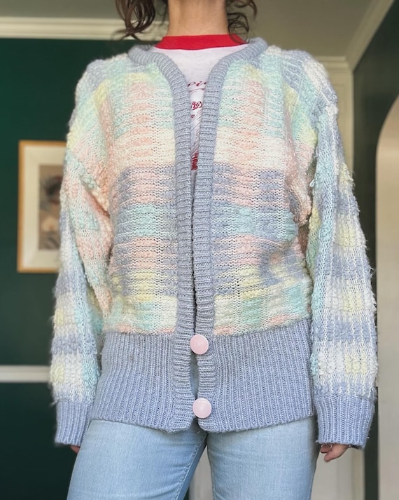 Vintage 1980s Pastel Oversized Cardigan Sweater - 