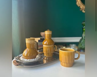 Vintage Set of Mid Century Modern Stoneware Stacking Mugs w/ Carafes - 4 Piece Set - Dip Glaze Coffe & Cup Set with Stacking Carafes - Rare