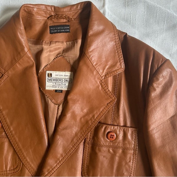 1970s Brown Leather Members Only Europe Craft Mens Overcoat Jacket