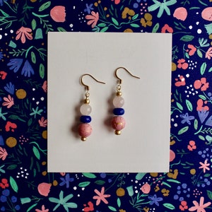Pink beaded earrings, beaded earrings, blue accent earrings, rose quartz earrings, pink accent earrings, pink antiqued earrings