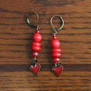 Red beaded heart earrings, Red earrings, Heart earrings, Whimsical earrings, beaded earrings