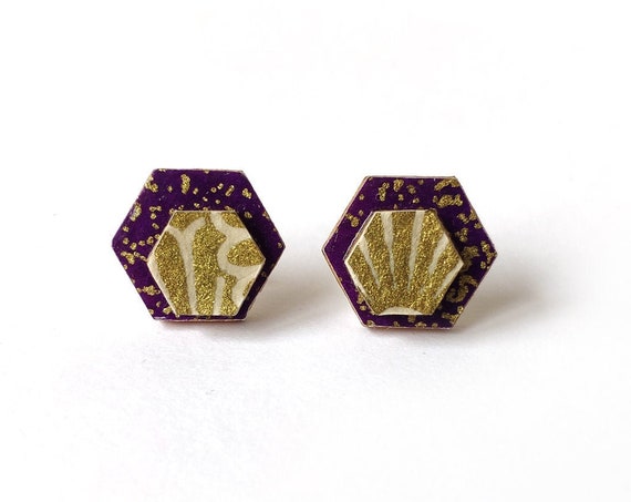 Cute hexagon earrings - Laser cut wood and colorful origami paper - Purple and gold