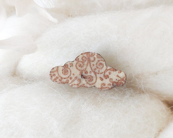 White and copper arabesque cloud brooch - Laser cut wood and origami rice paper pin - Original accessory - lightweight