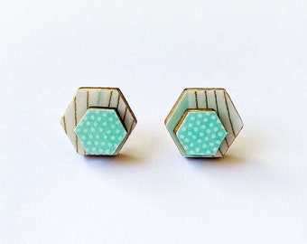 Cute hexagon earrings - Laser cut wood and colorful origami paper - mint green and white pots and lines