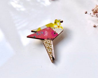 Crane bird brooch - Laser cut wood and origami paper - Yellow and gold variations