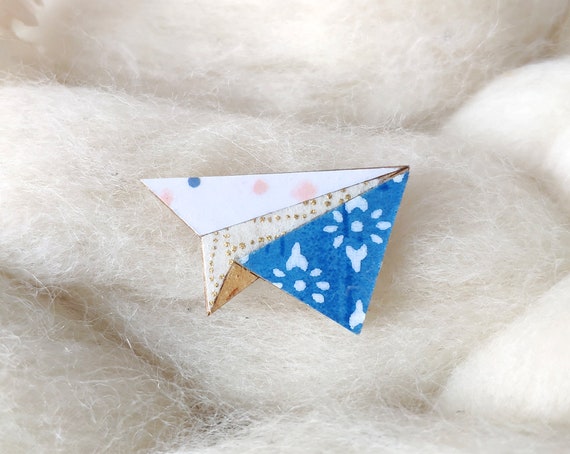 Origami plane brooch - Laser cut wood and origami paper - Blue and silver tones