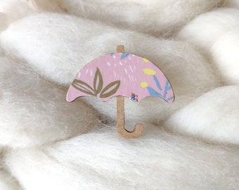 Umbrella brooch - Laser cut wood and origami paper - Various colors and patterns