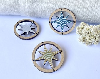 Compass rose - Laser cut wood and origami paper - Blue, teal, Galaxy