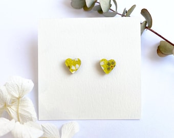 Heart love earrings - Laser cut wood and origami paper -White and yellow petals