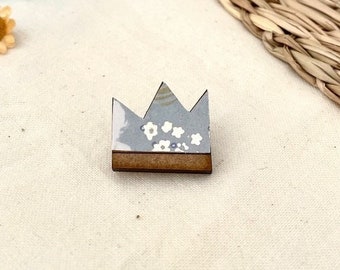 Handmade crown brooch, laser cut wood and origami paper