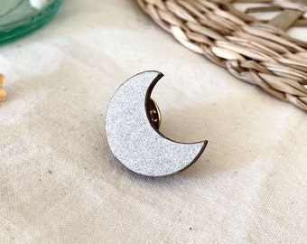 Handmade crescent moon pin, wood and origami papers