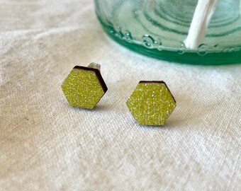 Cute hexagon earrings - Laser cut wood and gold origami paper