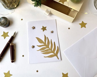 Greeting card - Festive stationery - Wooden stars - Leaf cutting and gold and glittery paper stars