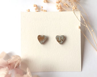 Heart love earrings - Laser cut wood and origami paper - Gold and grey