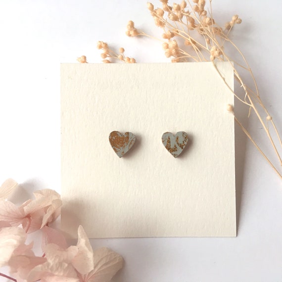 Heart love earrings - Laser cut wood and origami paper - Gold and grey