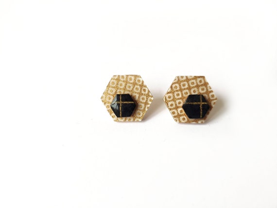 Cute hexagon earrings - Laser cut wood and colorful origami paper - Copper patterns and dark blue