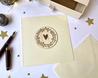Greeting card - Festive stationery - Cutting wood twig, golden heart