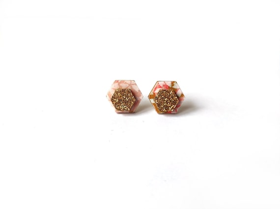 Cute hexagon earrings - Laser cut wood and colorful origami paper - Pink sakura flowers and gold glitter