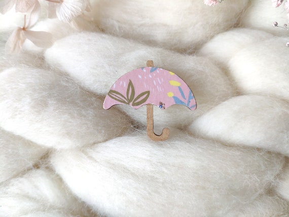 Umbrella brooch - Laser cut wood and origami paper - Various colors and patterns