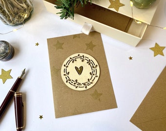 Greeting card - Festive stationery - Cutting wood twig, heart and golden stars